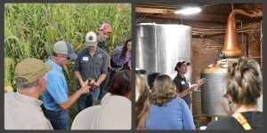 People looking at red corn in the field and people learning about the distilling process with equipment in the background.